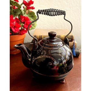 Vintage Fred Roberts Redware Clay TEAPOT Brown Glaze Gold Swirls JAPAN 1970's